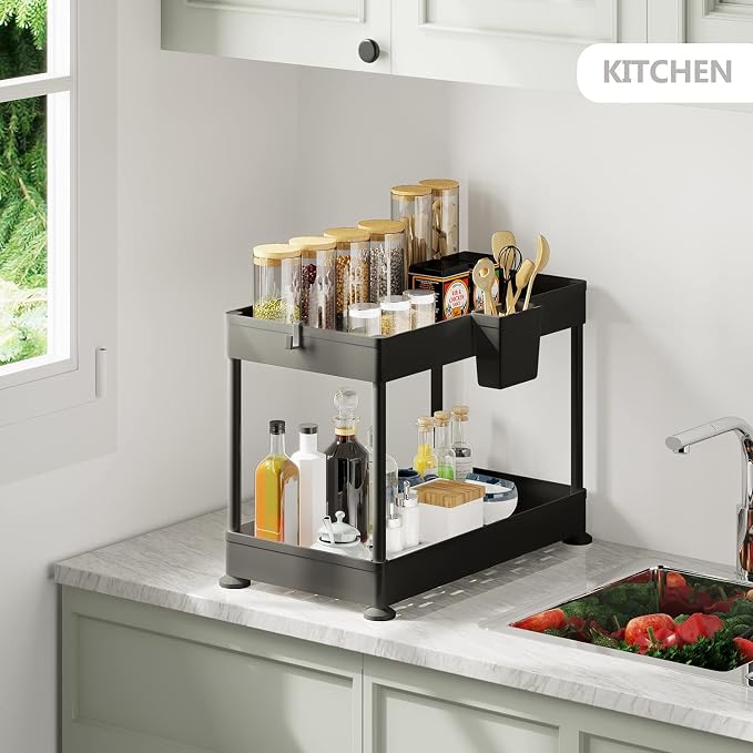 Under Sink Organizers and Storage | Bathroom Cabinet Organizer, Sink Shelf with Utility Hooks and Side Caddy for Under Cabinet Storage | Black (1-Pack) Non Slip Grip Under Kitchen Sink Organizer