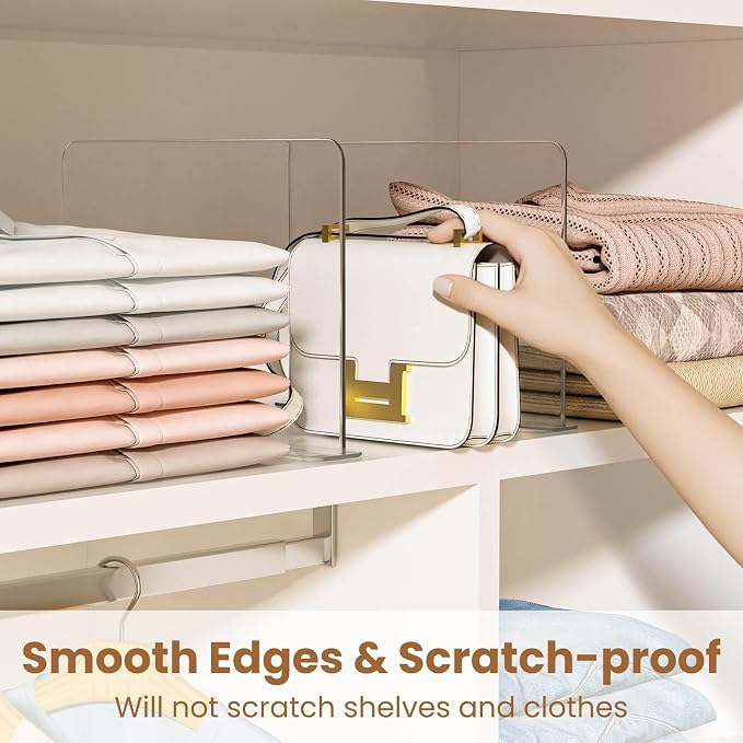 Purse Organizer for Closet Shelf Dividers: 4 Pack Acrylic Clear Vertical, T-Shaped Base, Fit Any Shelf Thickness, No Tools Needed 5-Second Install, Storage for Handbags, Clothes, Towels, 11.03"x8.07"