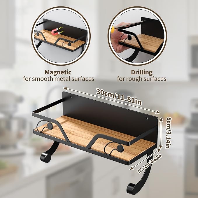 SUNTECH Magnetic Paper Towel Holder for Fridge, Black Kitchen Roll Holder with Shelf Wall Mount, Magnetic Spice Rack Organizer with Funny Memes for Kitchen, RV, Garage