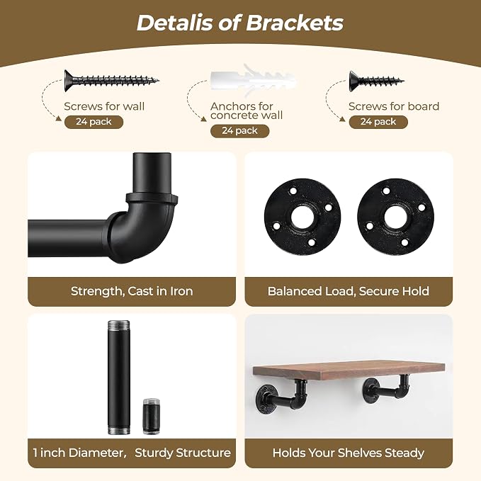Industrial L Pipe Shelf Brackets for 9-18 in Depth Wood Heavy-Duty 3/4" Iron,Wall Mount Floating Shelf Bracket L Metal Pipe Shelving Brackets for Wood-Black DIY Pipe Shelves(8.5*3.1 Inch 6 Pack)
