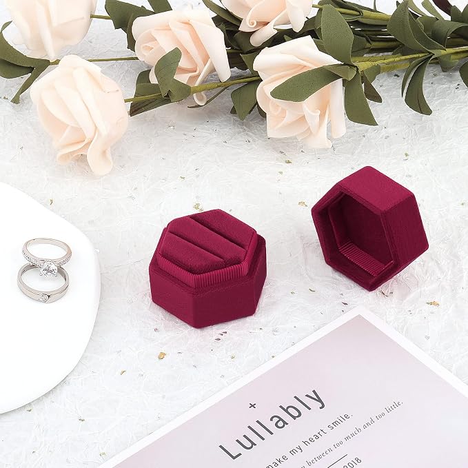 DesignSter Velvet Ring Box Hexagon - Premium Gorgeous Vintage Double Ring Display Holder with Detachable Lid for Proposal, Engagement, Wedding, Ceremony (Burgundy Red)