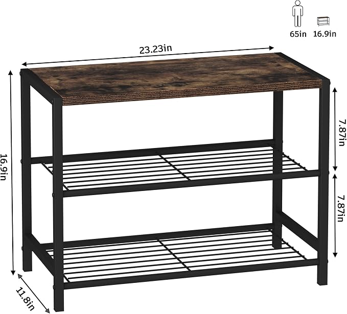 HOMEFORT 3-Tier Shoe Rack, Shoe Storage Shelf, Industrial Shoe Tower, Narrow Shoe Organizer for Closet Entryway, Small Shoe Rack Table with Durable Metal Shelves, Rustic Brown