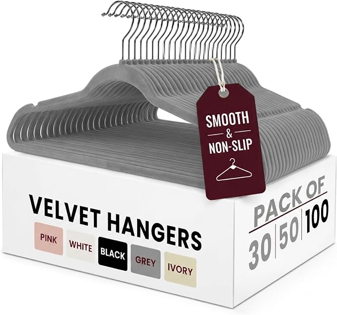 LDC Grey Velvet Hangers 100 Pack - Premium Non-Slip Clothes Coat Pants Felt Hanger for Closet - Heavy Duty Space Saving 360° Swivel Hook Hangars – Grey
