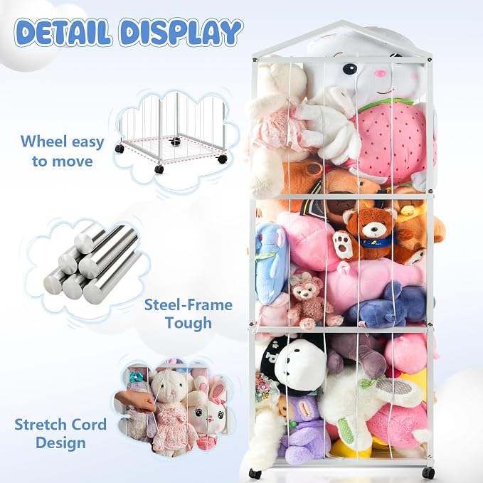 NomNest Stuffed Animal Storage Zoo – Large Metal Plushie Organizer Holds 50+ Toys, Heavy Duty Teddy Bear Toy Holder with Wheels for Bedroom, Playroom, Nursery (White)