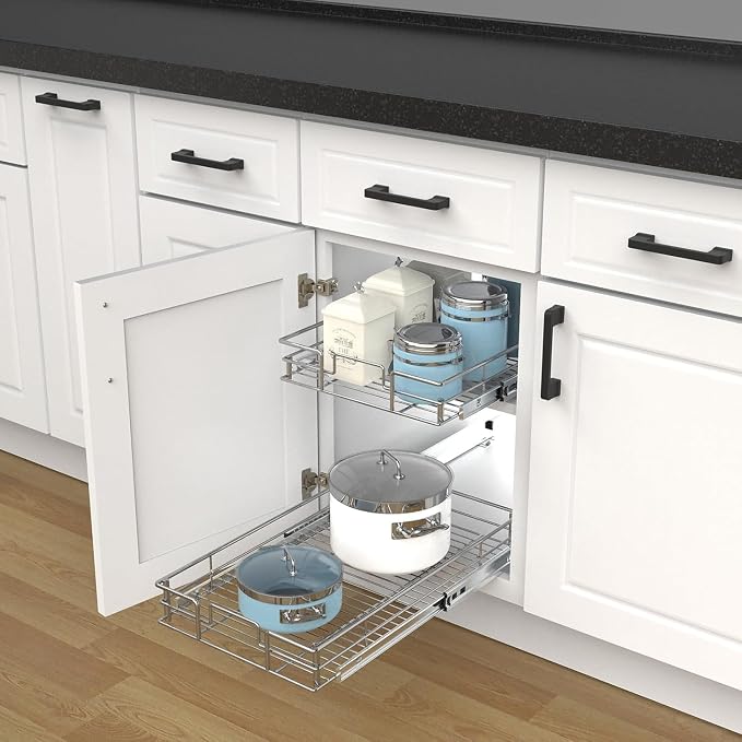 Pulloutor Pull Out Cabinet Organizer,Slide Out Kitchen Cabinet Storage Shelf and Drawer Organizer NEED 12" W and 22" D Cabinet, Chrome Finish (14 * 21 Metal)