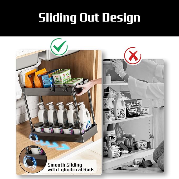 Cicilyna 2 Pack Under Sink Organizer, 2 Tier Bathroom Cabinet Organizers and Storage with Hook, Multi-purpose Storage Basket Shelf for Kitchen, Black