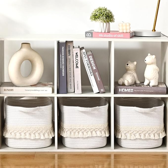 6 Pack Storage Basket for Shelves, Boho Cotton Rope Storage Bins with Heavy Tassel, Shelf Baskets Large Woven Baskets for Organizing, Cube Organizer Bins, Baby Laundry Basket for Clothes, Toys, Pets