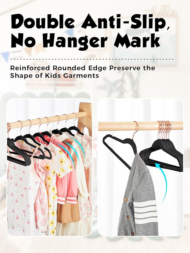Smartor Kids Velvet Hangers 50 Pack, 14 Inch Premium Non Slip Kids Felt Hangers for Closet, Space Saving Toddler Clothes Hanger for Youth's Childrens' Clothes (Rose Gold Hook)- Black