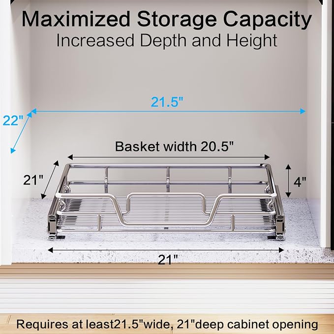 Kitchen Cabinet Pull Out Shelf and Drawer Organizer Slide Out Pantry Storaqe Basket in Multiple Sizes (21" W x 21" D,1 Tier)