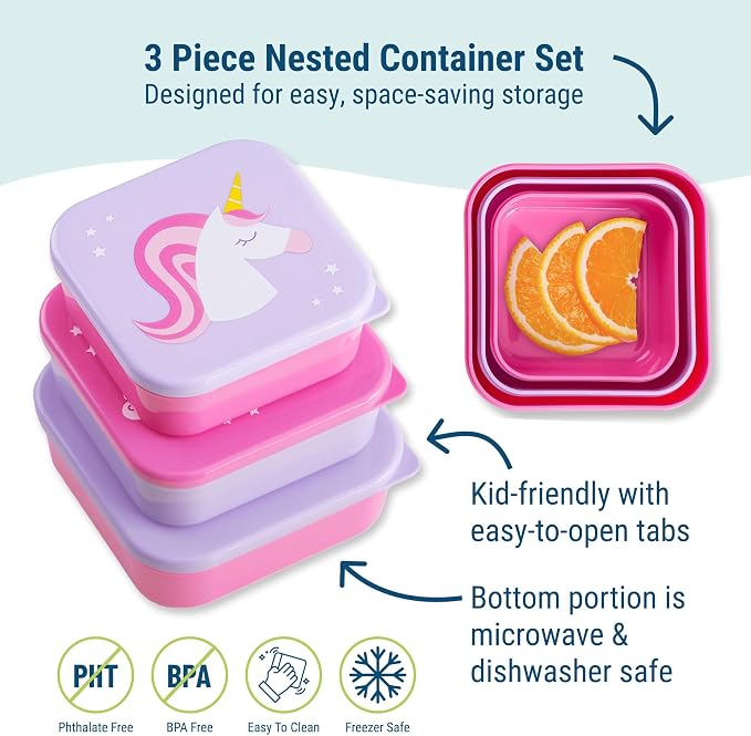 Wildkin Set of 3 Kids Nesting Food Containers for Girls – Stackable, Airtight & BPA-Free Snack Containers, Dishwasher Safe Lunch Box Containers for School & Travel, Ages 3–12 – Unicorn