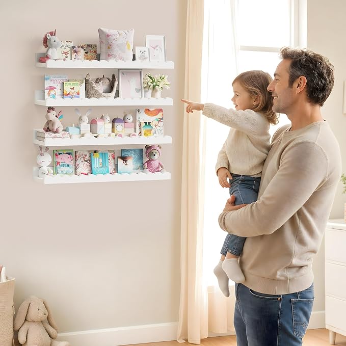 4-Pack 23.5IN Scalloped Shelves, Nursery Shelves for Wall, Floating Nursery Book Shelves for Kids, White