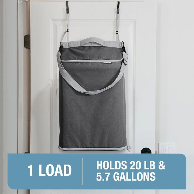 CleverMade Convertible Hanging Laundry Hamper, 21.5L, Over-the-Door, Stone | Bottom zipper, removable carry strap and door hooks simplify unloading and hauling in dorms, bedrooms, bathrooms and RVs