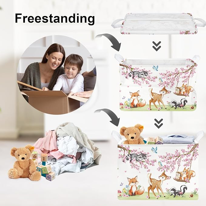 Clastyle Forest Animal Baby Storage Basket Leaf Kid Laundry Hamper Boy Girl Gift Toy Box Collapsible Clothes Organizer Nursery Bin for Bedroom, Cherry Deer, 40x30x30 cm