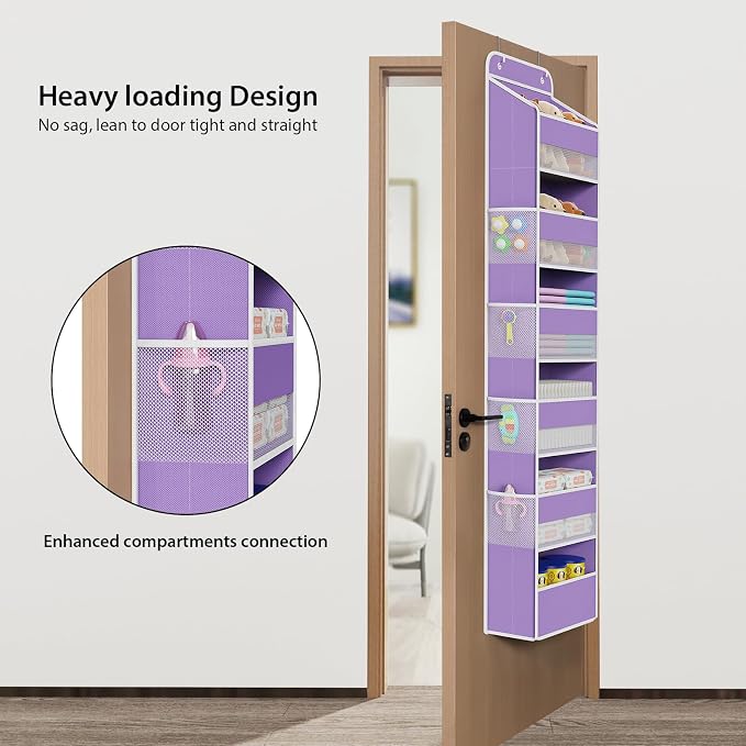 Univivi Over The Door Hanging Organizer with 6 Large Compartments and Mesh Windows, Over The Door Baby Clothes Organizer for Cosmetics, Baby Essentials and Diapers (Purple)