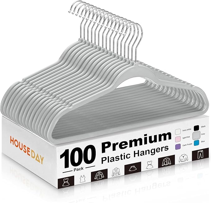 HOUSE DAY Grey Plastic Hangers 100 Pack, Ultra-Thin Heavy Duty Non-Velvet | Hangers with 360° Swivel Hook & Non Slip Notches - Slim Space Saving Clothes Hangers Ideal for Dresses Coats Shirts Jackets