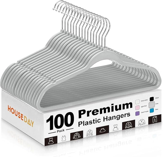 HOUSE DAY Grey Plastic Hangers 100 Pack, Ultra-Thin Heavy Duty Non-Velvet | Hangers with 360° Swivel Hook & Non Slip Notches - Slim Space Saving Clothes Hangers Ideal for Dresses Coats Shirts Jackets