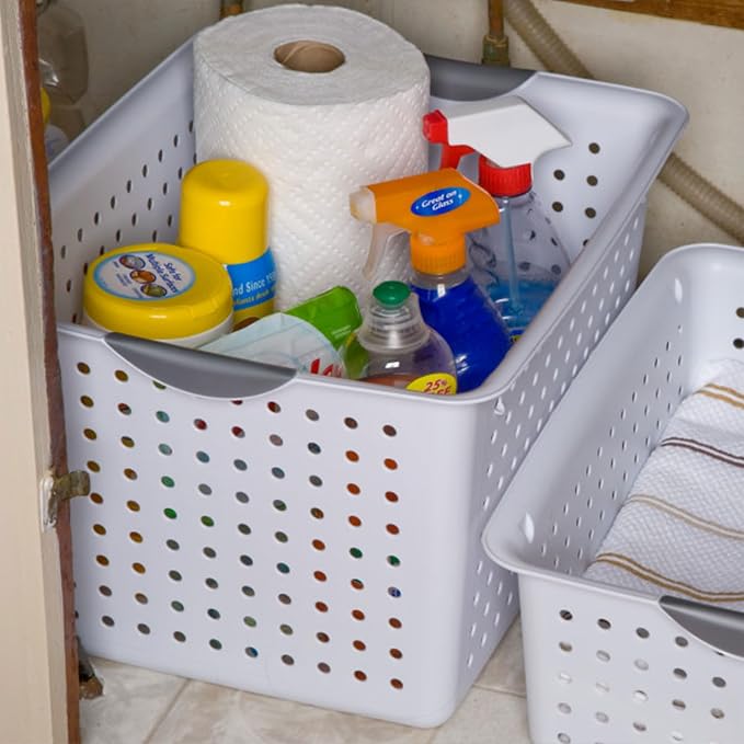 Sterilite 6-Pack Deep Ultra Basket, Open Top Plastic Storage Organizer, White - Large Containers for Organizing Pantry Shelves, Kitchen Cabinets, Laundry Areas, Dorm Rooms, and Classrooms
