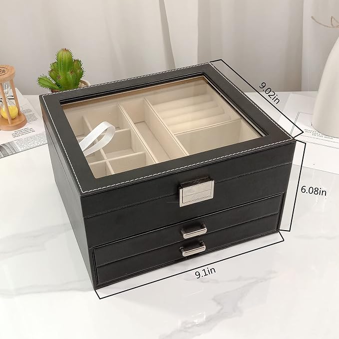 BOOVO Clear Lid Jewelry Box,3 Layers Jewelry Organizer Large Jewelry Storage Box with 2 Drawers,Jewelry Holder Organzier of Rings Earrings Necklace Bracelets for Women (Black, 3 Layer)