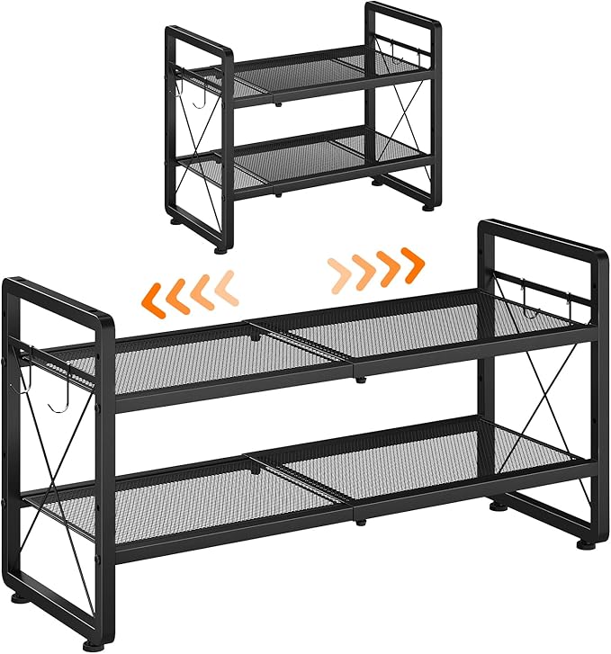 ELYKEN Shoe Rack, 2-Tier Expandable Shoe Organizer for Closet, Metal Black Shoe Shelf with 4 Hooks, Adjustable Shoe Stand Holder for Entryway, Garage, Door Entrance