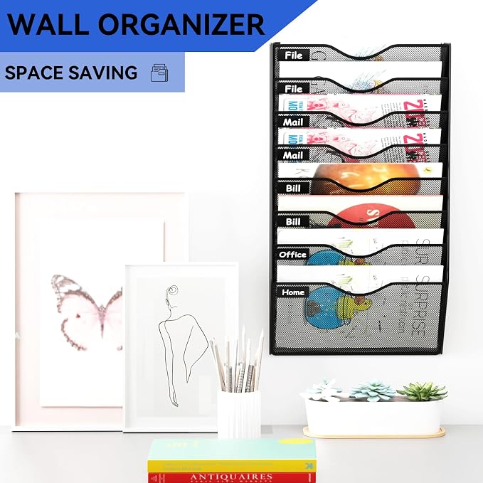 8 Pockets Hanging Wall File Organizer Mail Holder, Wall Mounted Paper Document Folder Holder, Clipboard Storage Organization Magazine Rack, Black