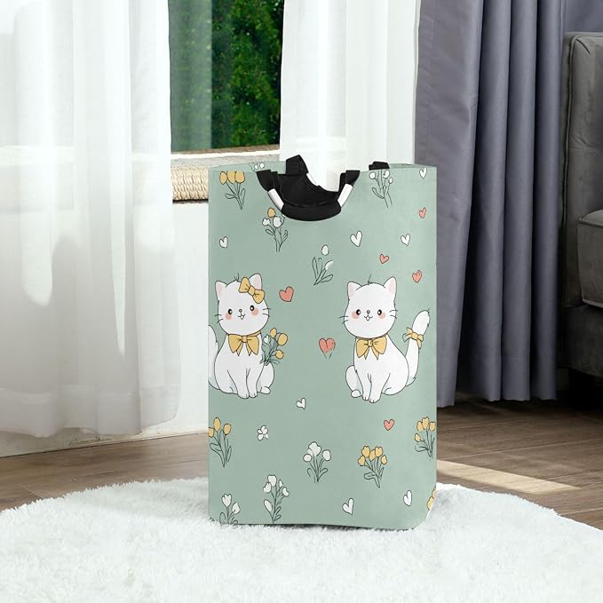Cute White Cat with Yellow Flowers Large Laundry Hamper Basket, Collapsible Laundry Bag Storage Bins Baskets with Handles for Laundry, Bedroom, Home Decor