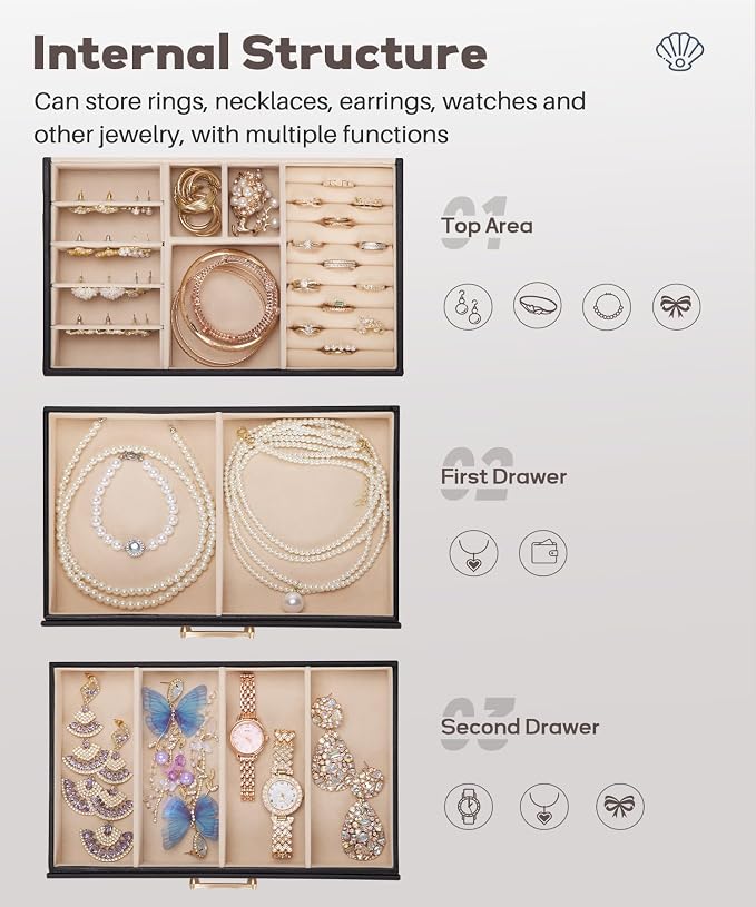 Enthralite Jewelry Box with 2 Drawers : Jewelry Display Organizer for Earrings Necklaces - Gift for Girls Women | Black