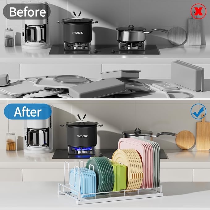 Food Container Lid Organizer, Adjustable 6 Dividers Full-Metal Pot and Pan Organizer Rack for Kitchen Cabinets, Drawers, Cupboards, Pantry Shelves Storage, White