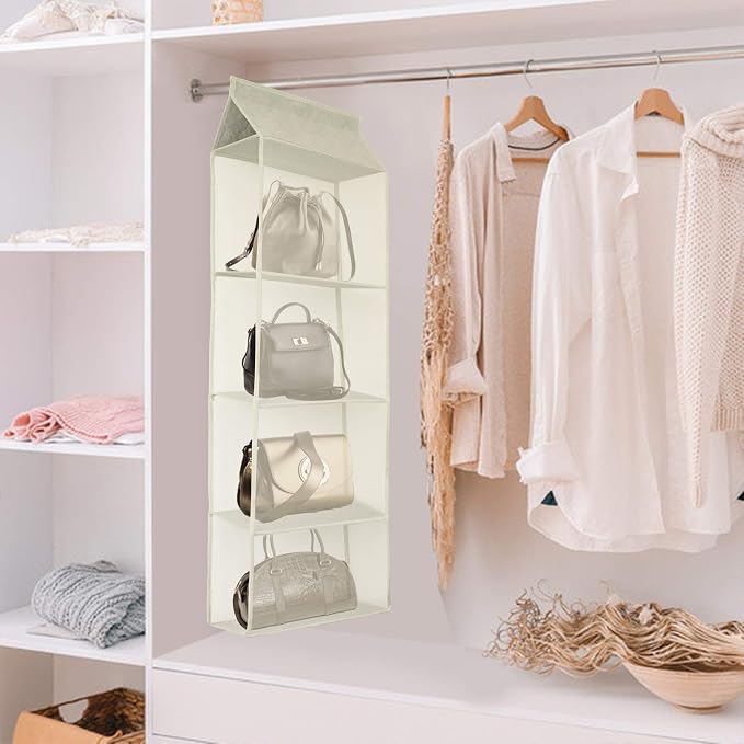 Closet Handbag Purse Holder, Space Saving Hanging Handbag Tote Bag Storage Organizer Holder with 4 Large Heavy-Duty Mesh Shelves for Wardrobe Closet(Beige)