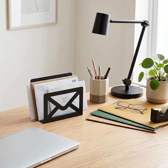 MyGift Black Metal Desktop Mail Holder with Cutout Envelope Design Home and Office Desk Letter Organizer