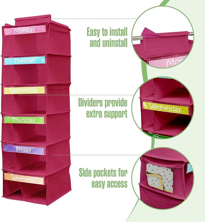 Houseables Kids Clothes Organizer, Weekly Clothes Organizer for Kids, Closet Daily Outfit Storage, Monday Through Friday Clothing Planner, Day of The Week, Weekday, School, Hanging, 6 Shelf, Pink