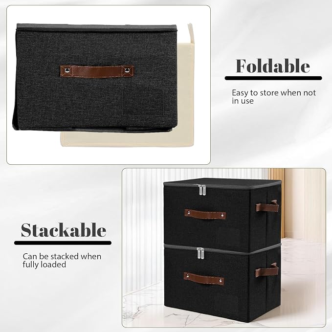 ANMINY 3PCS Storage Bins with Zipper Lid Storage Boxes with Label Holder PU Leather Handles Washable Foldable Decorative Lidded Cotton Linen Fabric Cubes Baskets Closet Organizer - Black, Medium