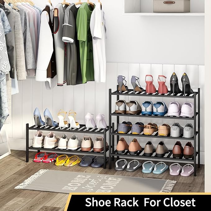 4-Tier Bamboo Shoe Rack for Entryway, Stackable | Heavy Duty | Multi-Function, Free Standing Shoe Racks for Bedroom Hallway Closet（Black）