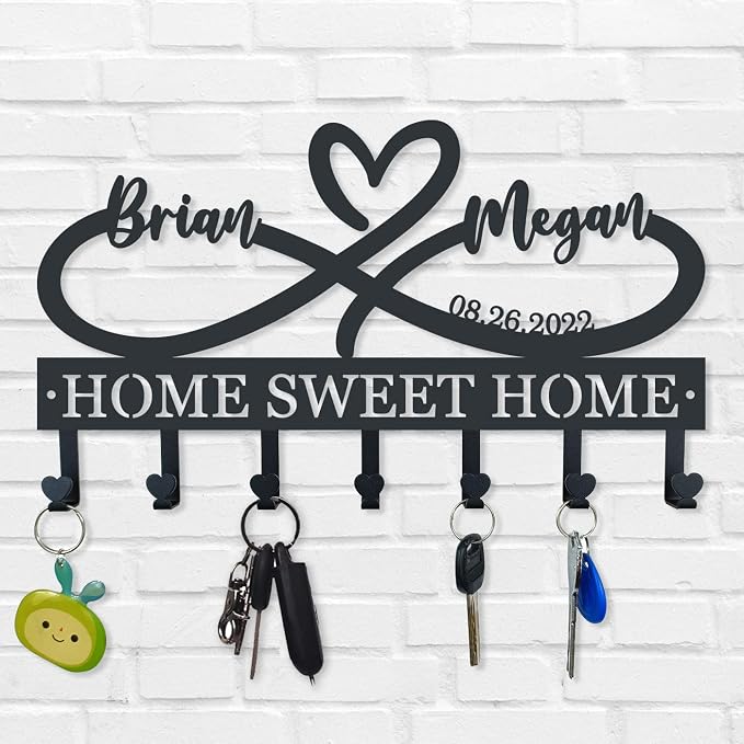 Metal Key Holder for Wall, 5 Hooks, Art Deco, Personalized, Waterproof, Rust Resistant, Max 33 pounds, Decorative Home Decor, Wedding Gift