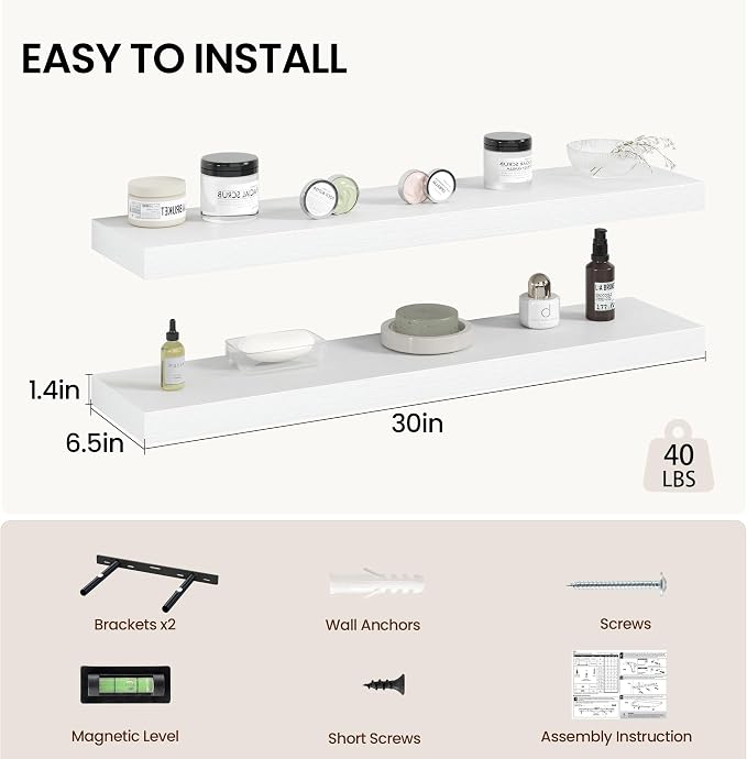 Vivelove 30 Inch Floating Shelves Wall Mounted for Display, 6.5 Deep Duty Shelves with Invisible Brackets for Living Room,Bedroom,Kitchen, Bathroom Storage & Decor,30" Wx6.5 Dx1.4 H - White