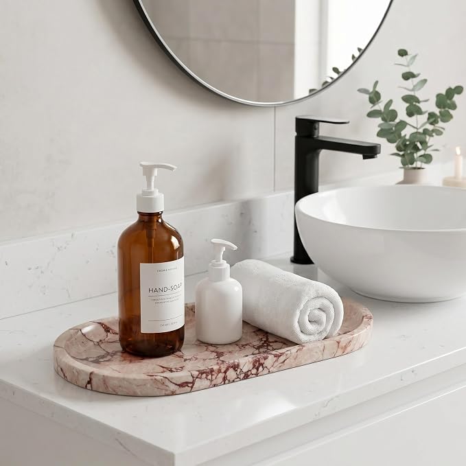 YKAJO Calacatta Viola Pink Oval Marble Tray, 11.8x5.9 Perfume Organizer | Honed natural stone; jewelry & trinket dish, ring & key holder, soap & candle catchall; bath counter, dresser, coffee table