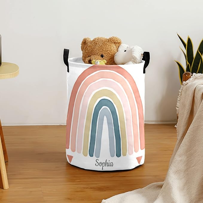 Large Storage Rainbow Colorful Personalized Tall Collapsible Laundry Basket with Name Foldable Hamper for Dirty Cloth Toys