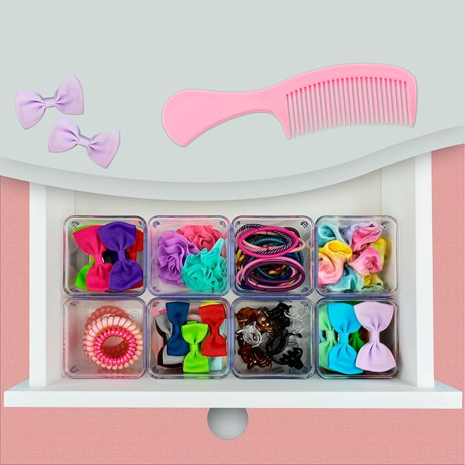 Acrimet 8 Pack Clear Plastic Drawer Organizer Box Set, Square 3" X 3" X 2" Crystal Desk Drawer Trays and Dividers, Storage Bins for Office, Makeup, Kitchen, Bathroom and Junk Drawer