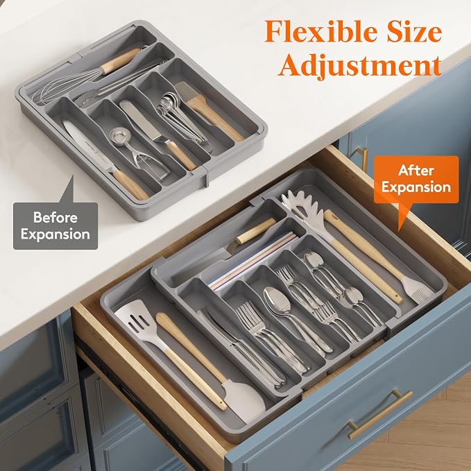 Lifewit Utensil Organizer for Kitchen Drawer, Expandable Cooking Silverware Tray, Adjustable Cutlery Flatware Holder, Plastic Spatula Tools Storage Divider, 11.8-19.6 x 15", Gray