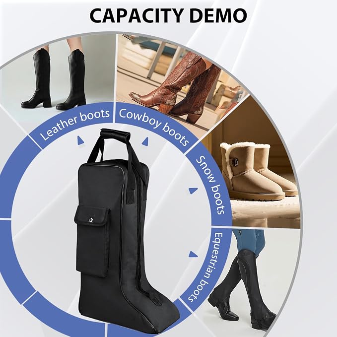 Portable Riding Boot Bag for Tall Boot, Oxford Equestrian Boot Bag with Handle, Cowboy Boot Travel Bag with Outer Pocket for Cowboy Boots, Snow Boots, Travel and Daily Use