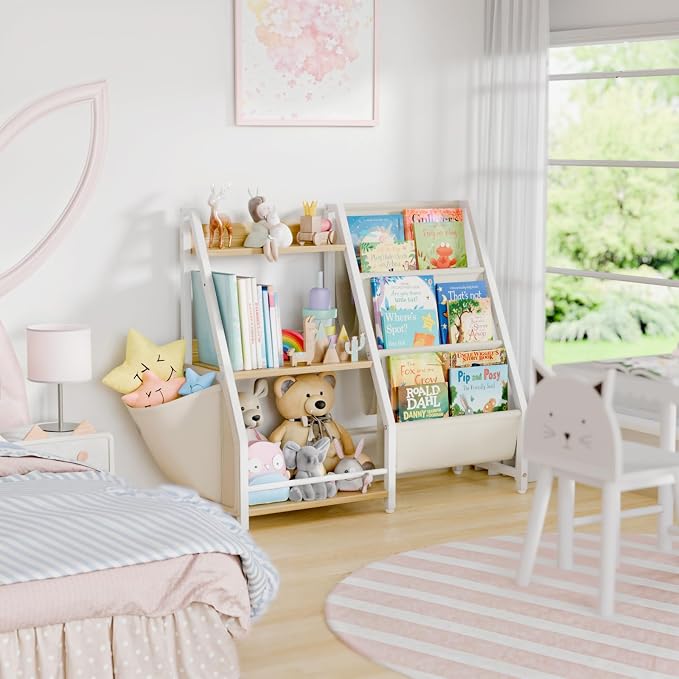 LATIBELL 3 Tier Kids Bookshelf and Toy Storage, Kids Bookcase Book Sling Shelf, Montessori Baby Toddler Bookshelf, Toy Storage Organizer, for Playroom, Bedroom, Nursery (Burlywood)