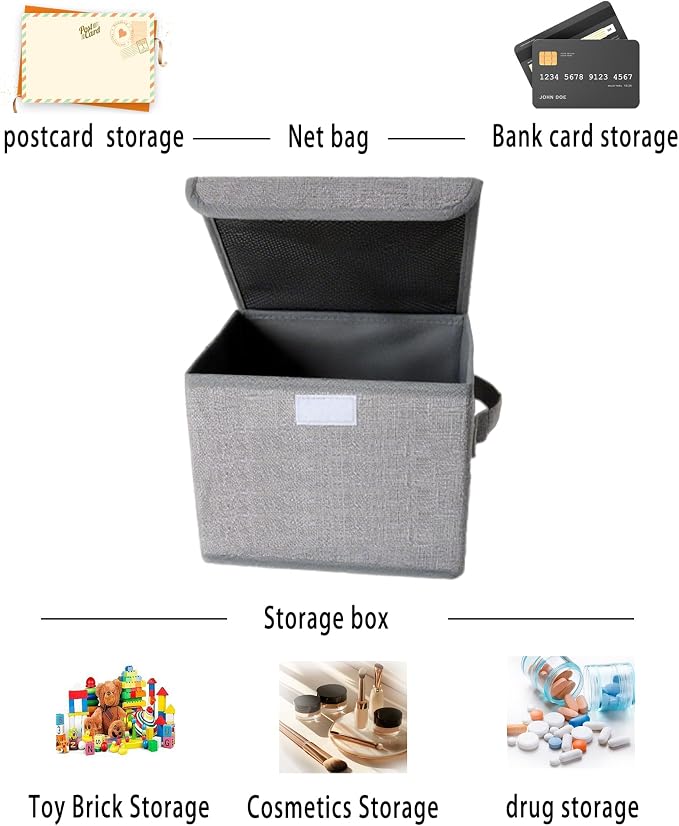 2 Pack Small Storage Box, Storage Basket with Lid, Foldable Cotton Linen Fabric Keepsake Box, Organizer Container with Zipper for Decorative, Medicine, Greeting Card Organizer.(Gray)