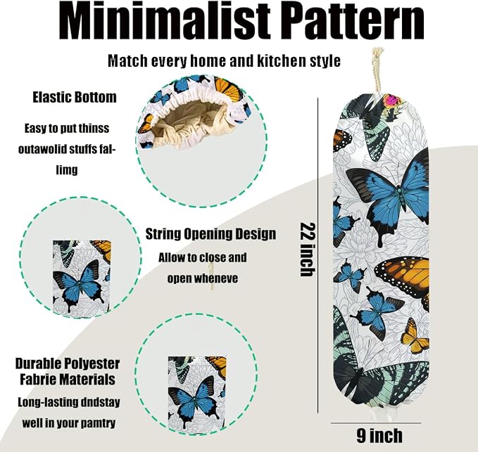 2Pcs Butterfly Plastic Bag Holder, Wall Mount Grocery Bag Holder for Plastic Bags, Colorful Butterflies Washable Grocery Bags Storage Dispenser for Home Kitchen Decor, Butterfly Gifts for Women Mom