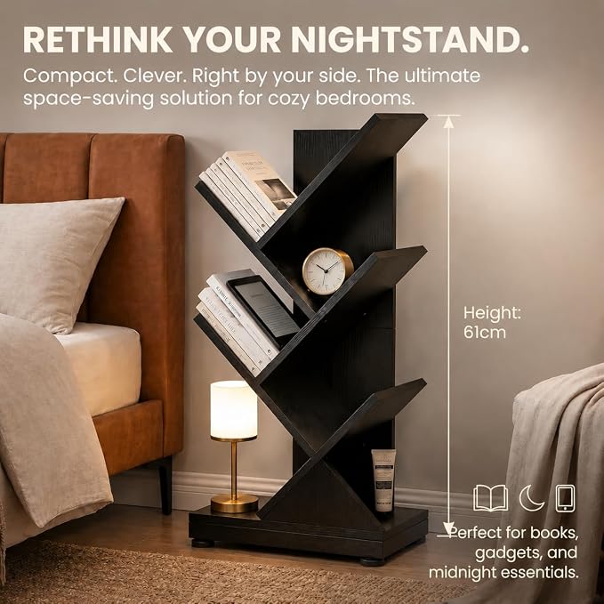 ruboka 5 Tier Tree Bookshelf, Small Bookcase, Black, 11.8"*7.4"*24" | Retro Narrow Bookshelves for CDs/Magazines, Book Shelf for Bedroom, Living Room, Office, Balcony, Study Room