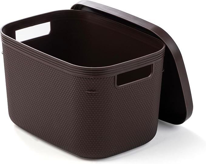 BINO | Plastic Storage Bins with Lids, 5.5 Liter - 3 Pack, Dark Brown | THE TWILL COLLECTION | Plastic Bins for Organization | Woven Storage Baskets for Organizing | Pantry Shelf Organizer Basket Bin
