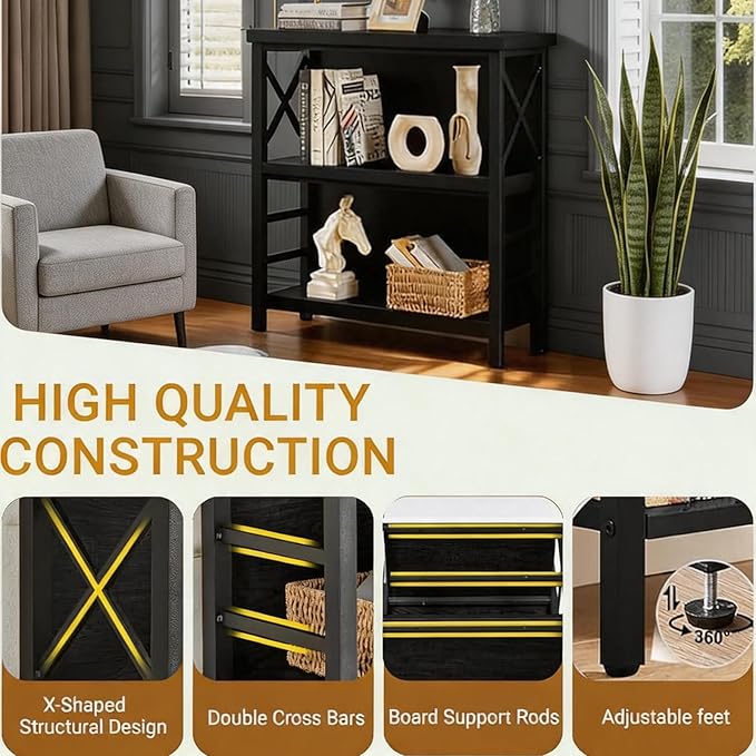 MNEETRUNG Book Shelf, Small 3-Tier Industrial Bookshelf with Strong Metal Frame & Backboard, 29.5" Short Bookcase for Small Spaces, Living Room, Bedroom and Home Office, Black