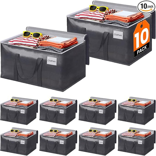 ElegantArray 10 Pack Moving Bags Heavy Duty, Moving Boxes, Storage Bags with Zipper & Handles & Tag for College & Dorm Moving Supplies Grey Laundry Hamper Bag, Foldable Space-saving Totes (125L, Grey)