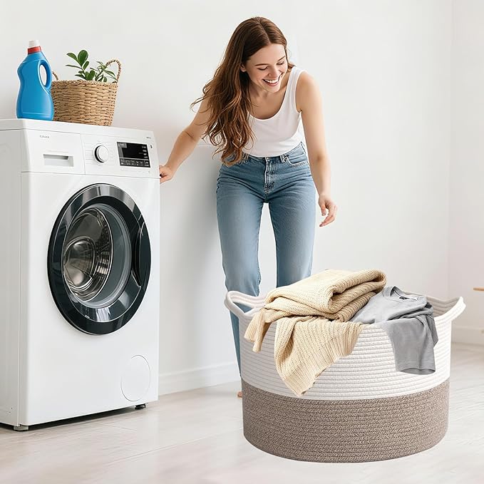 115L Extra Large Blanket Basket,Woven Rope Laundry Basket Hamper with Handles, Decorative Nursery Basket Storage Bin for Toys, Clothes Organizer, Living Room, Bedroom, Bathroom, White & Brown