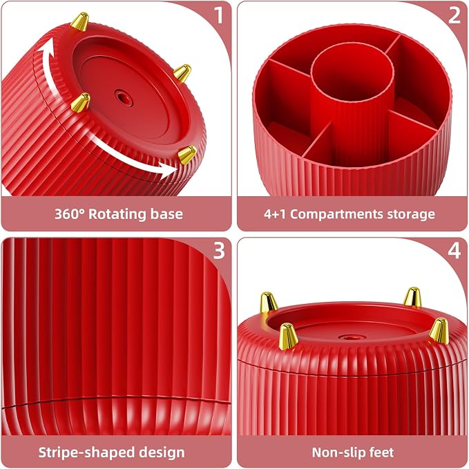 Marbrasse Desk Organizer, 360-Degree Rotating Pen Holder for Desk, Desk Organizers and Accessories with 5 Compartments Pencil Organizer, Art Supply Storage Box Caddy for Office, Home (Red)