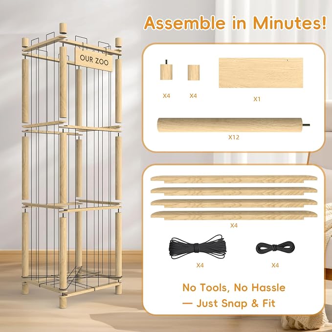 Stuffed Animal Storage & Organizer, Wooden Eco-Friendly Toy Holder with Elastic Ropes & DetachableBag, Fun Interactive Plush Toy Storage, Easy Assembly Durable Organizer for Nursery, Bedroom &Playroom