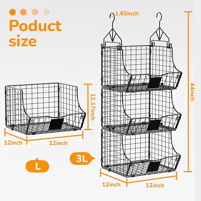 Hanging Closet Organizers and Storage, 6 Tier Closet Shelf Clothes Organizer with 2 S-Hooks, Multi-Functional Iron Wire Baskets, for Clothing, Sweaters, Handbags, Hat, Canned